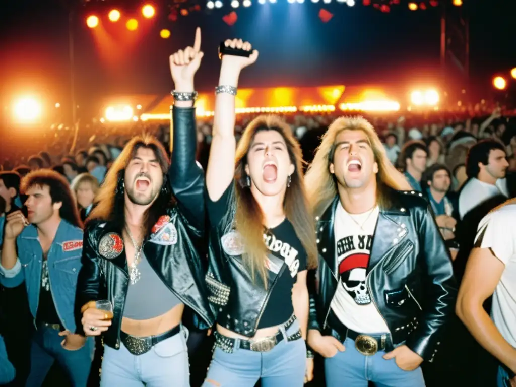 Grupo de fans de heavy metal con chaquetas de cuero, jeans rasgados y camisetas de bandas en concierto