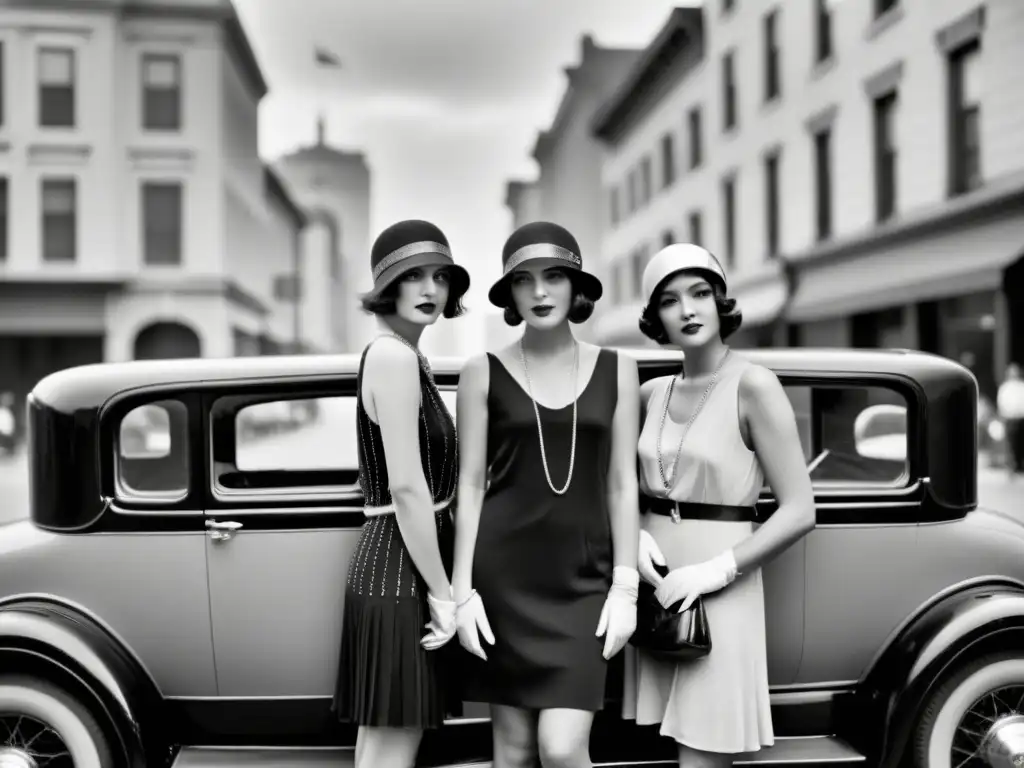 Grupo de flappers con impacto moda femenina años 20, exhiben confianza e independencia en la bulliciosa ciudad