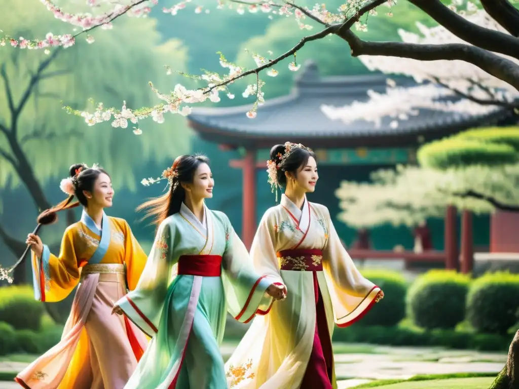 Un grupo de jóvenes baila con gracia en el jardín, vistiendo la exquisita Vestimenta Tradicional China Hanfu, entre cerezos en flor y sauces