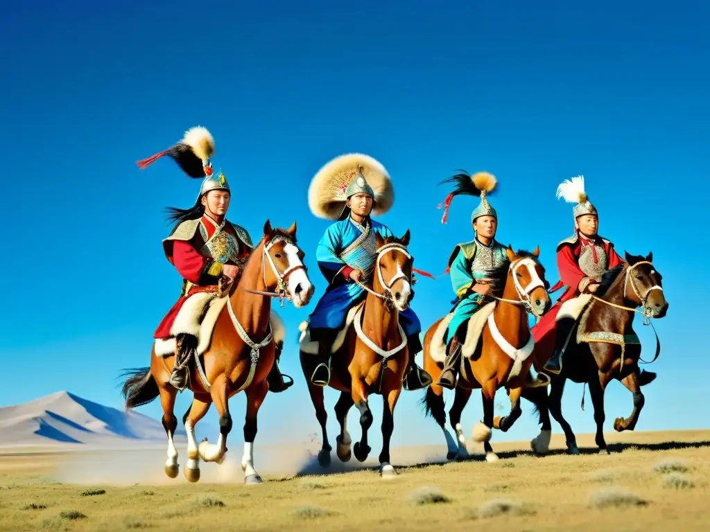 Guerreros mongoles en la estepa Grupo de guerreros mongoles a caballo, vestidos con armaduras y túnicas de seda vibrantes, galopando por las estepas bajo un cielo azul brillante