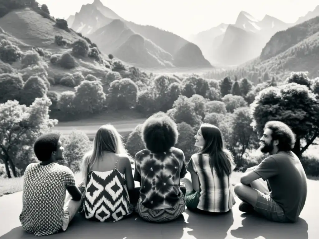 Círculo hippie en la naturaleza: fusión cultural y comunidad Un grupo de hippies se sienta en círculo en la naturaleza, vistiendo ropa de origen étnico, en profunda conexión con la música y la conversación
