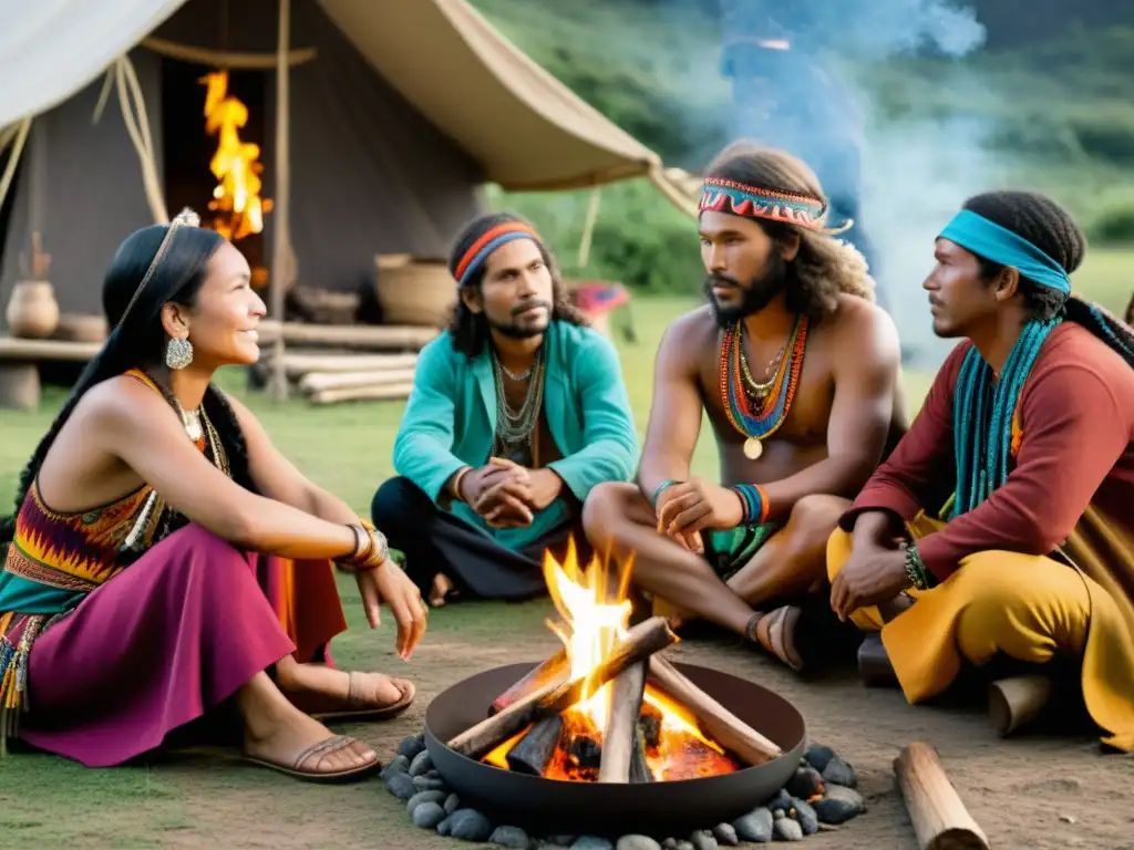 Comunidad hippie en la naturaleza: fusión de moda indígena Un grupo de hippies en un entorno natural, vestidos con moda étnica y disfrutando de la comunidad y la naturaleza