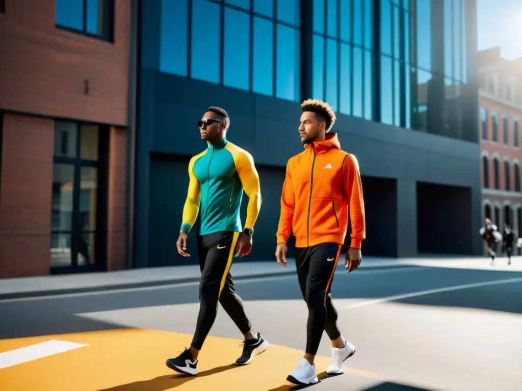 Un grupo de hombres atléticos y con estilo caminando con confianza por la ciudad, luciendo moderna ropa deportiva en colores llamativos y diseños innovadores, reflejando la tendencia del ascenso de la moda deportiva masculina