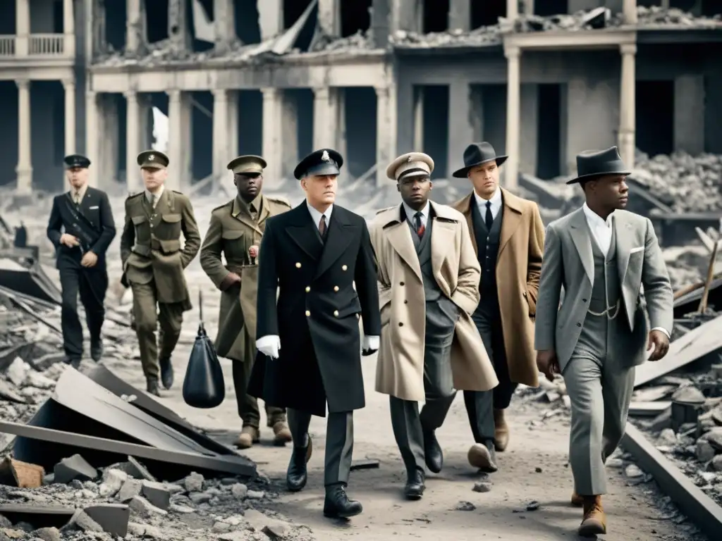 Grupo de hombres elegantes caminando en una ciudad destruida por la guerra, mostrando el impacto de las guerras mundiales en la moda masculina