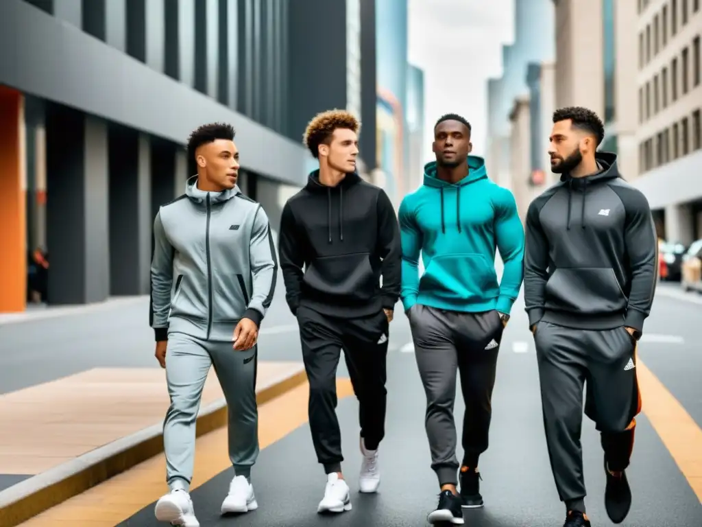 Un grupo de hombres con estilo, luciendo moda deportiva moderna en una bulliciosa calle de la ciudad