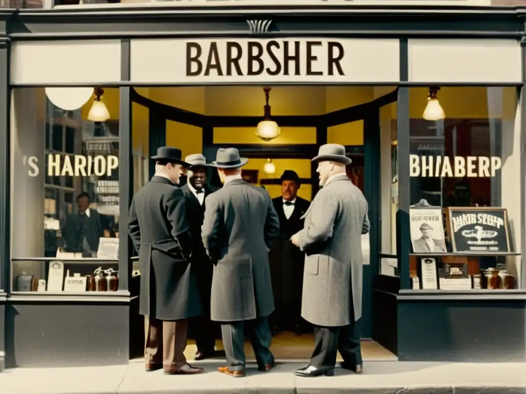 Grupo de hombres conversando frente a la barbería en el siglo XX, evocando la evolución del cuidado personal masculino y la historia de los barberos