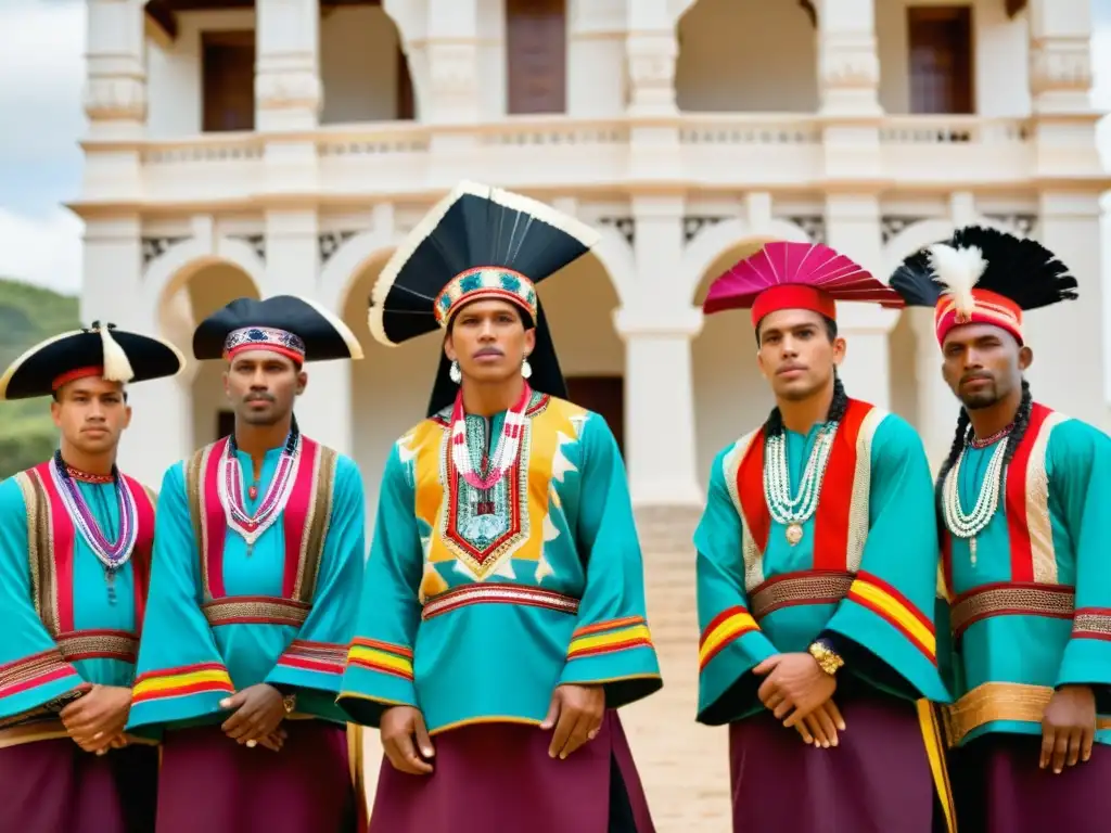 Indígenas con atuendos tradicionales frente a edificio colonial Grupo de hombres indígenas con atuendos tradicionales, fusionando estilos indígenas y moda masculina en una arquitectura colonial