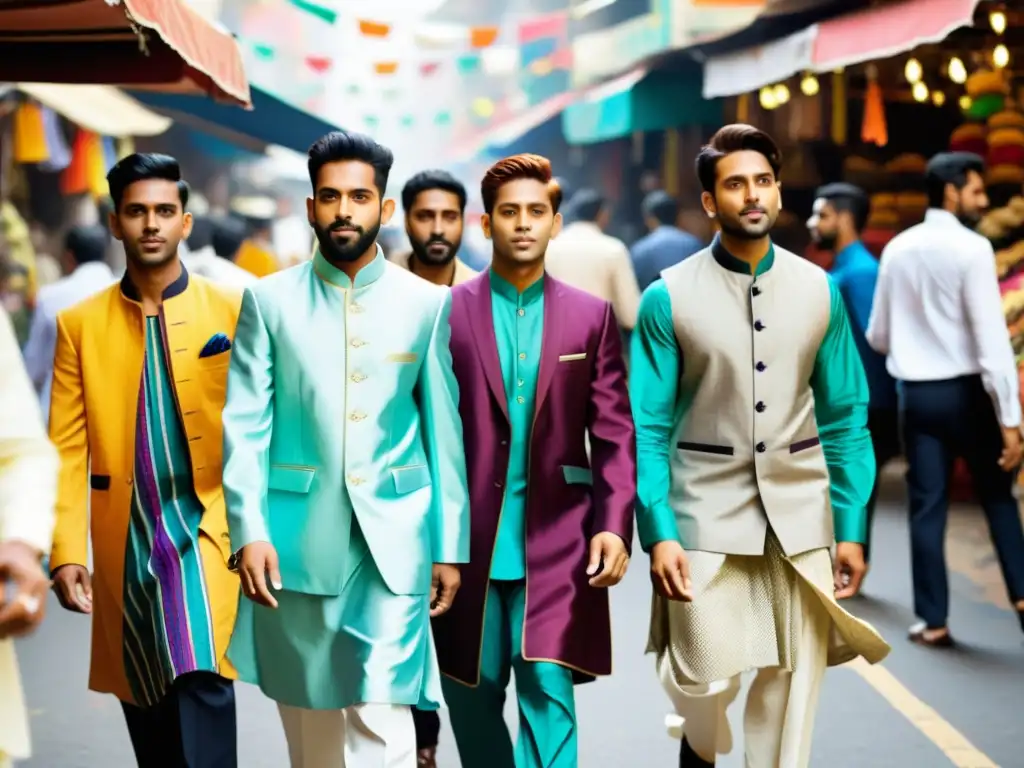 Grupo de hombres indios combinando moda tradicional y contemporánea en un bullicioso mercado de Mumbai, capturando la evolución moda masculina India