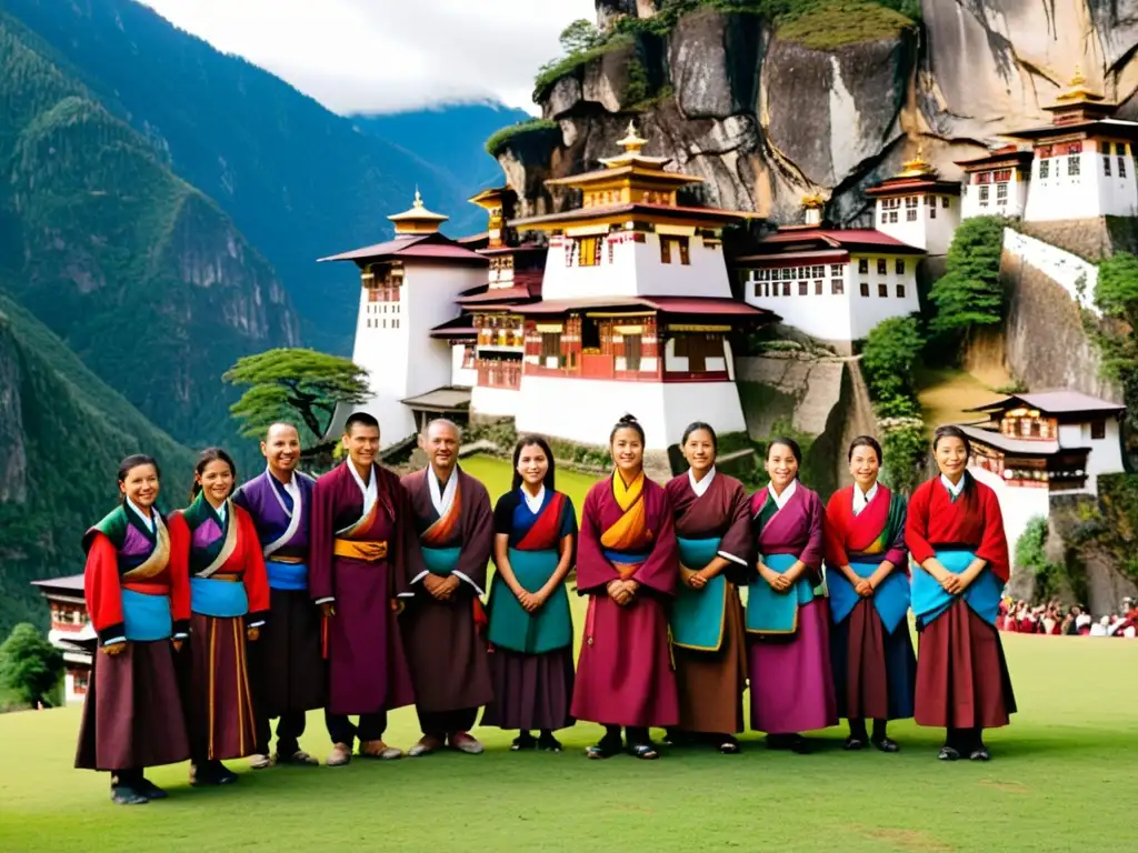 Un grupo de hombres y mujeres butaneses vistiendo trajes tradicionales, 'kira' y 'gho', frente al impresionante monasterio de Paro Taktsang