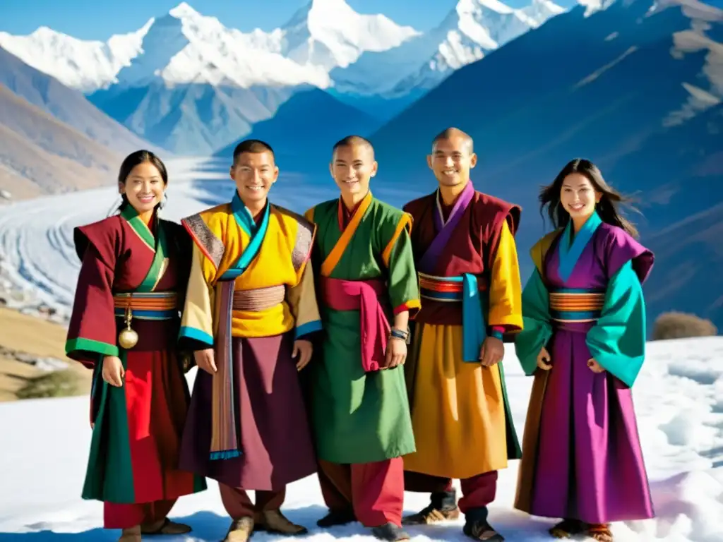 Un grupo de hombres y mujeres butaneses vistiendo trajes tradicionales de colores vibrantes en las montañas del Himalaya, reflejando el significado cultural de la vestimenta tradicional de Bután