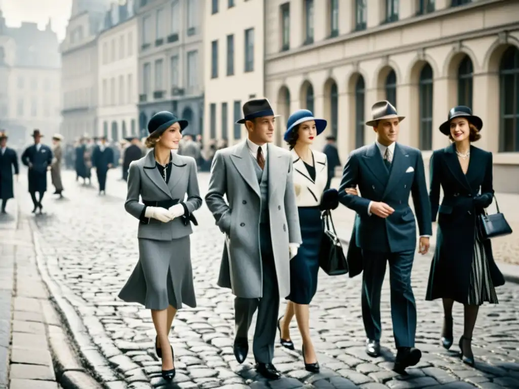 Un grupo de hombres y mujeres elegantes pasean por una calle empedrada en Europa de los años 30