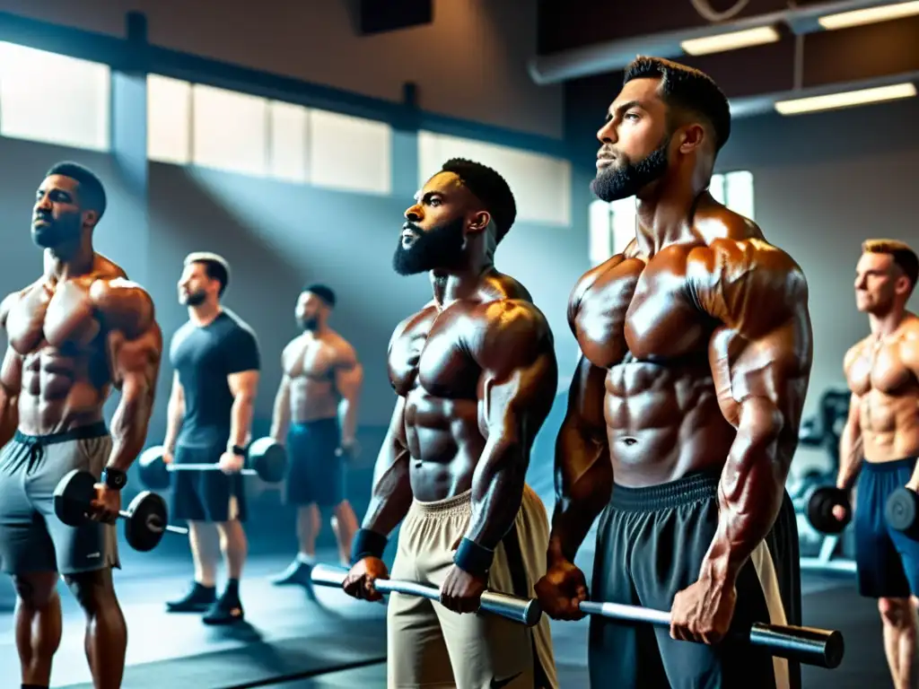 Un grupo de hombres musculosos en el gimnasio, dedicados a diferentes ejercicios