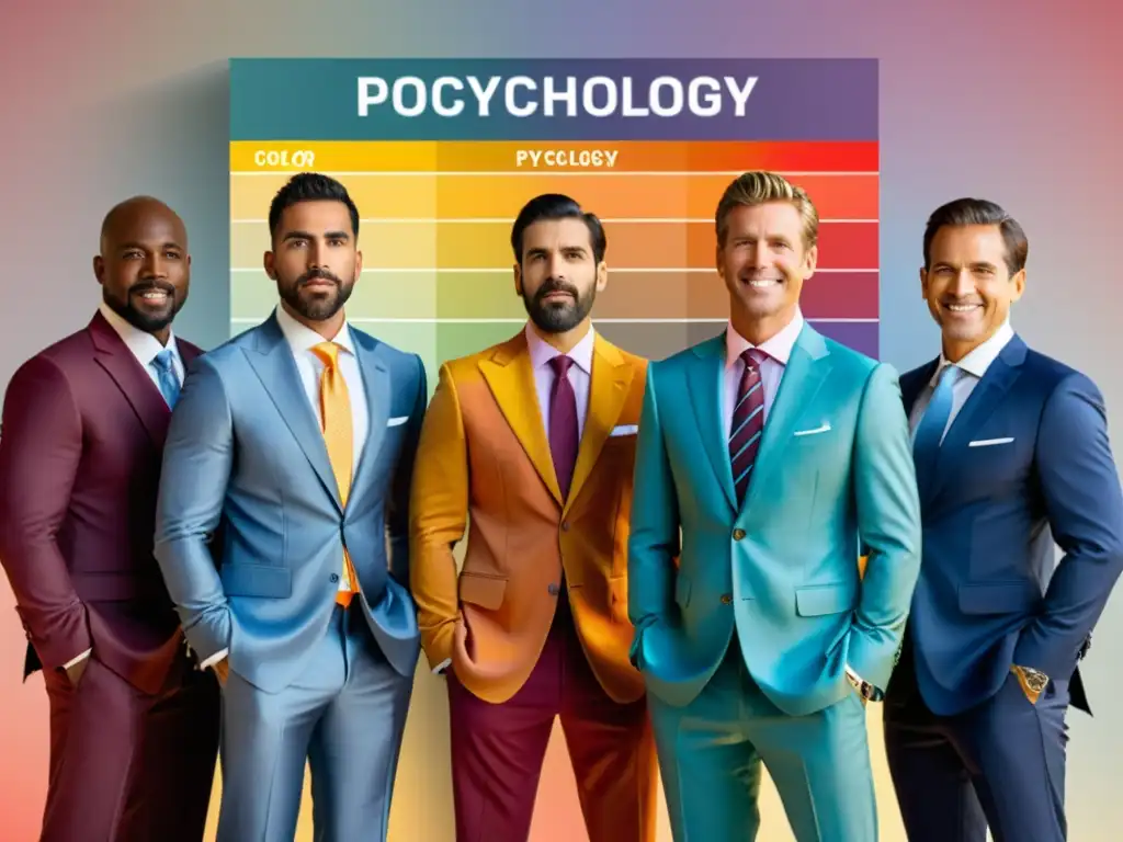 Un grupo de hombres en trajes de colores frente a un gráfico de psicología del color, reflejando el impacto emocional de sus atuendos