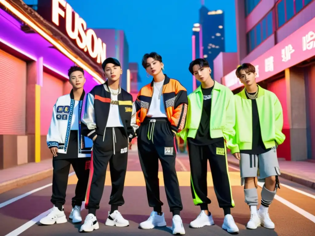 Un grupo de ídolos de Kpop posando en la ciudad, fusionando moda callejera y tradicional, reflejando el impacto del KPop en moda juvenil