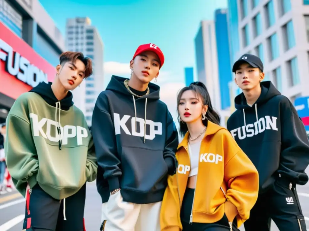 Grupo de idols de KPop posando en la ciudad, fusionando moda global con estilo KPop, reflejando el impacto cultural de la moda KPop