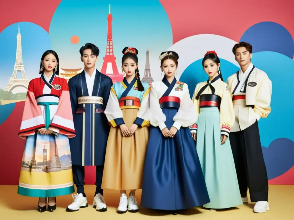 Grupo de idols de KPop fusionando hanbok y moda callejera frente a una escena global de moda, mostrando influencia en moda internacional