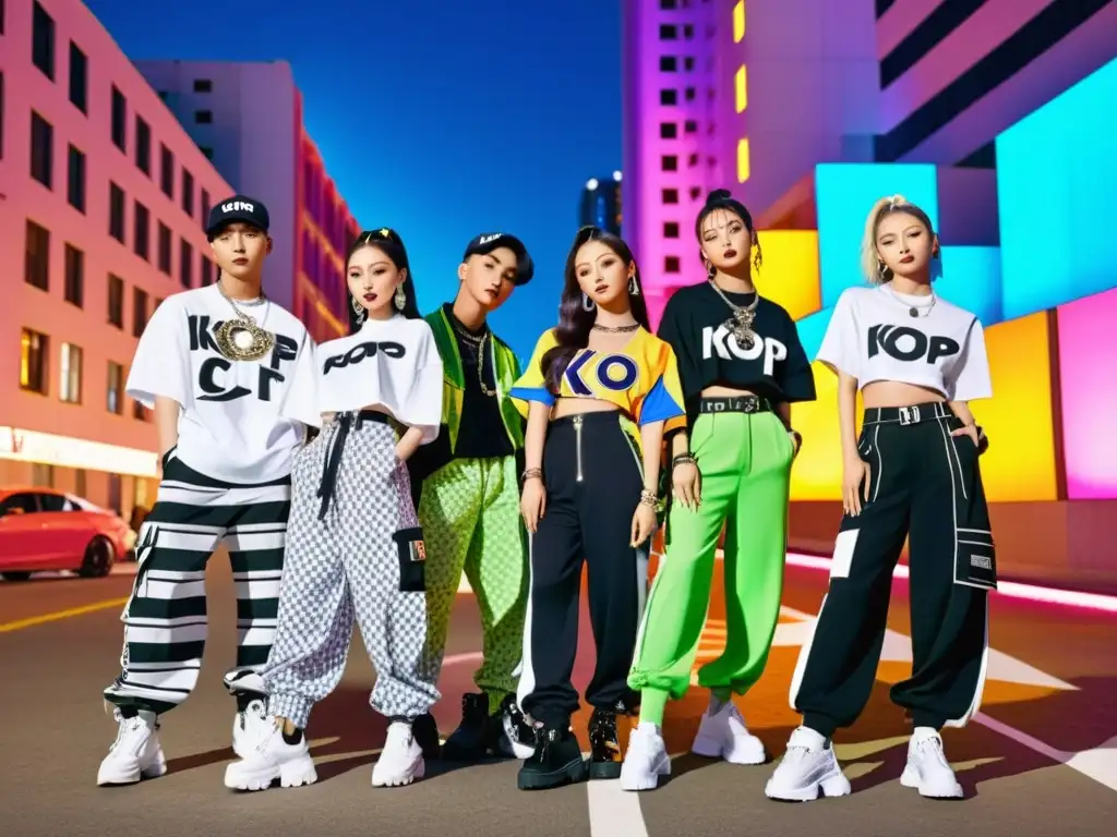 Grupo de KPop con impacto cultural de la moda, vistiendo vibrantes atuendos urbanos, posando en la ciudad neón