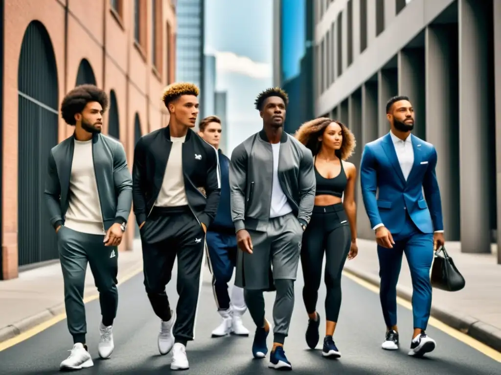 Un grupo de individuos con estilo camina por una calle de la ciudad, fusionando athleisure y moda de forma sofisticada