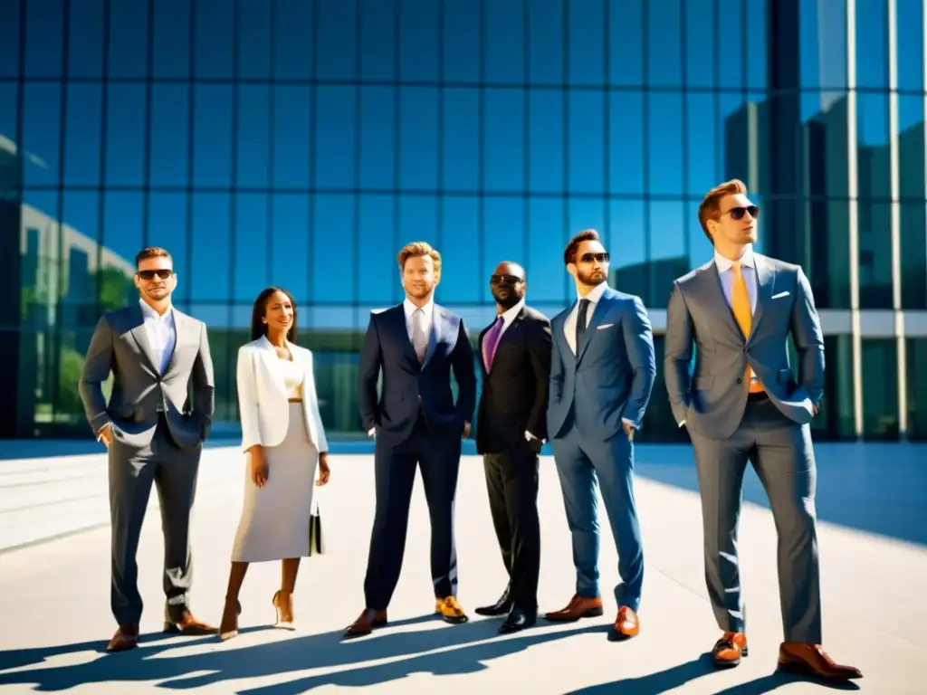 Un grupo de individuos poderosos y seguros vistiendo trajes de negocios a medida, frente a un moderno edificio de oficinas de cristal