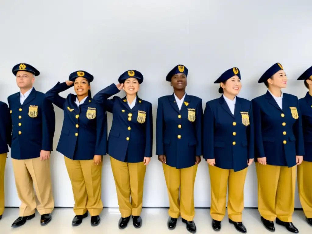 Un grupo de individuos en uniformes idénticos, en fila, con expresiones serias