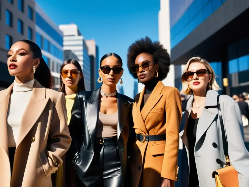 Un grupo de influyentes de moda con atuendos únicos y elegantes posan en una bulliciosa calle de la ciudad durante la semana de la moda