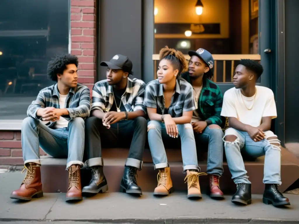 Grupo de jóvenes en actitud rebelde fuera de un local de música en Seattle