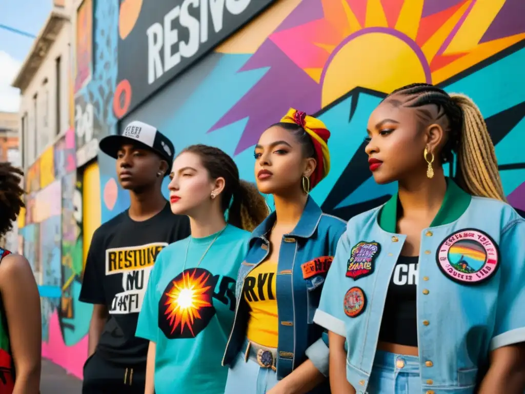 Grupo de jóvenes activistas con atrevida moda callejera, rodeados de arte urbano que refleja la resistencia cultural