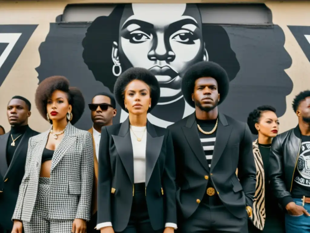 Grupo de jóvenes afroamericanos frente a mural de Black Power, representando moda afroamericana influenciada por Black Power