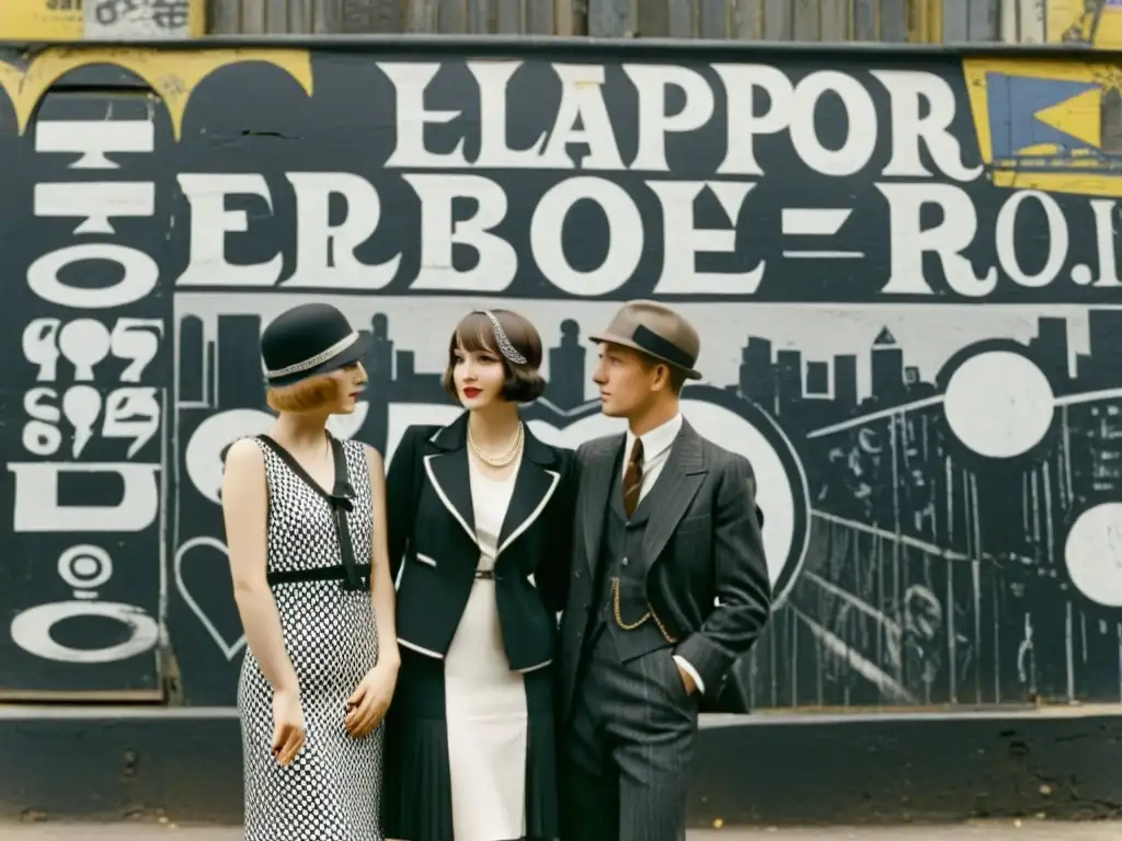 Un grupo de jóvenes en los años 20 en Europa, vistiendo trajes de época frente a una pared graffiteada