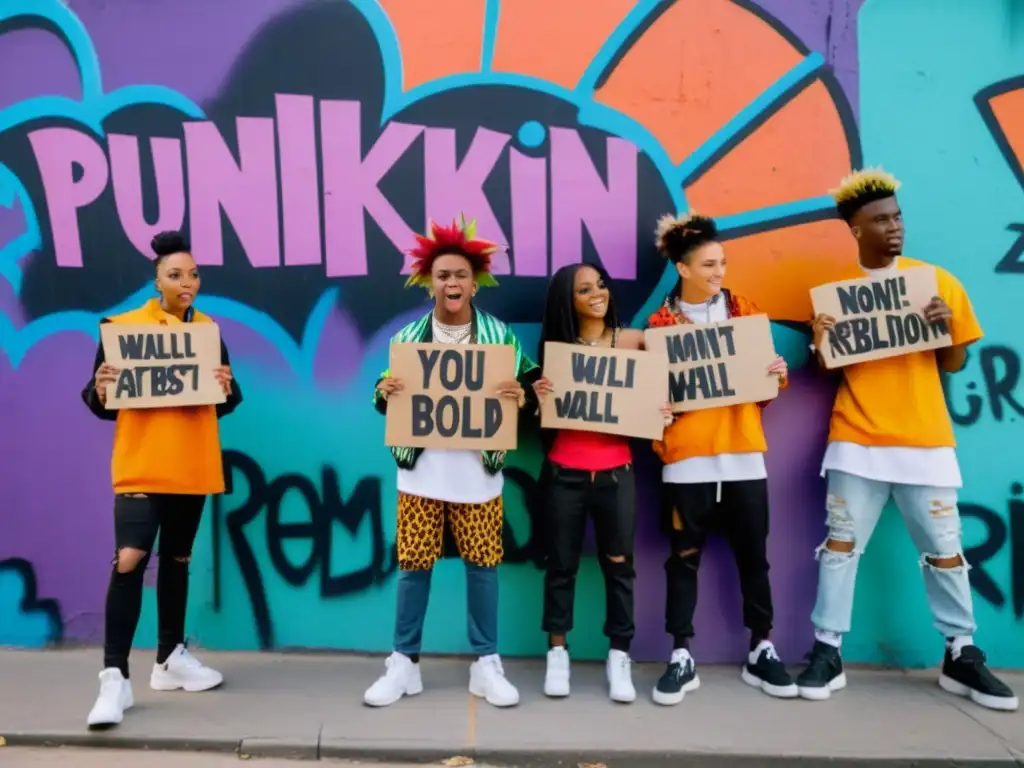 Grupo de jóvenes con atuendos punk frente a una pared llena de grafitis, expresando rebeldía y discutiendo