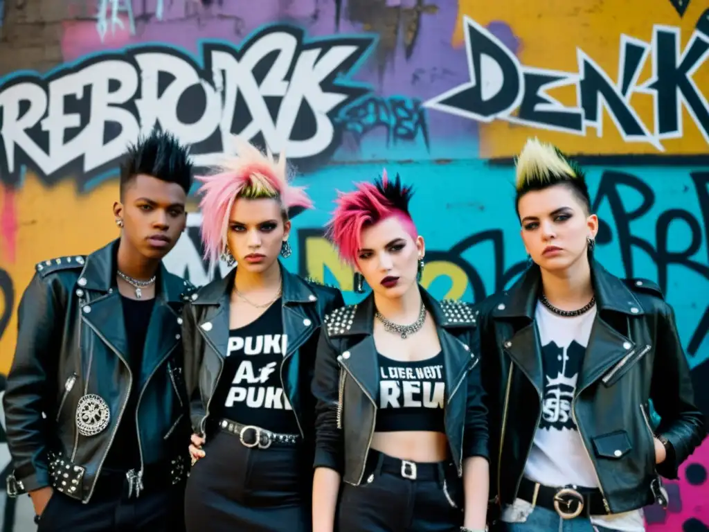 Un grupo de jóvenes desafiantes con indumentaria punk frente a un muro graffiteado, capturando la protesta política a través de la moda punk de los 70