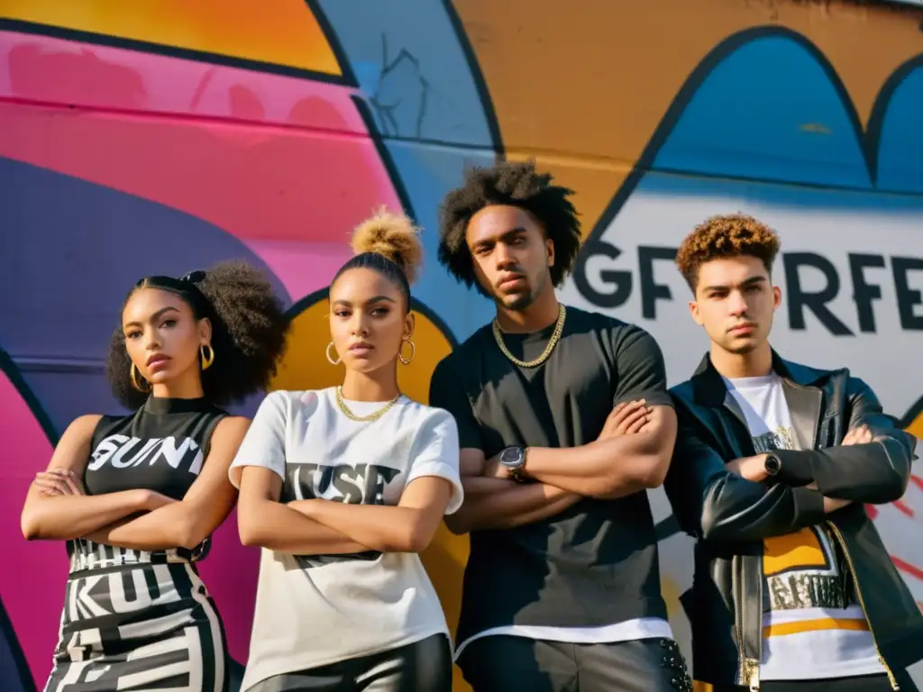 Un grupo de jóvenes diseñadores rebeldes posan con determinación frente a un muro urbano cubierto de grafitis al atardecer