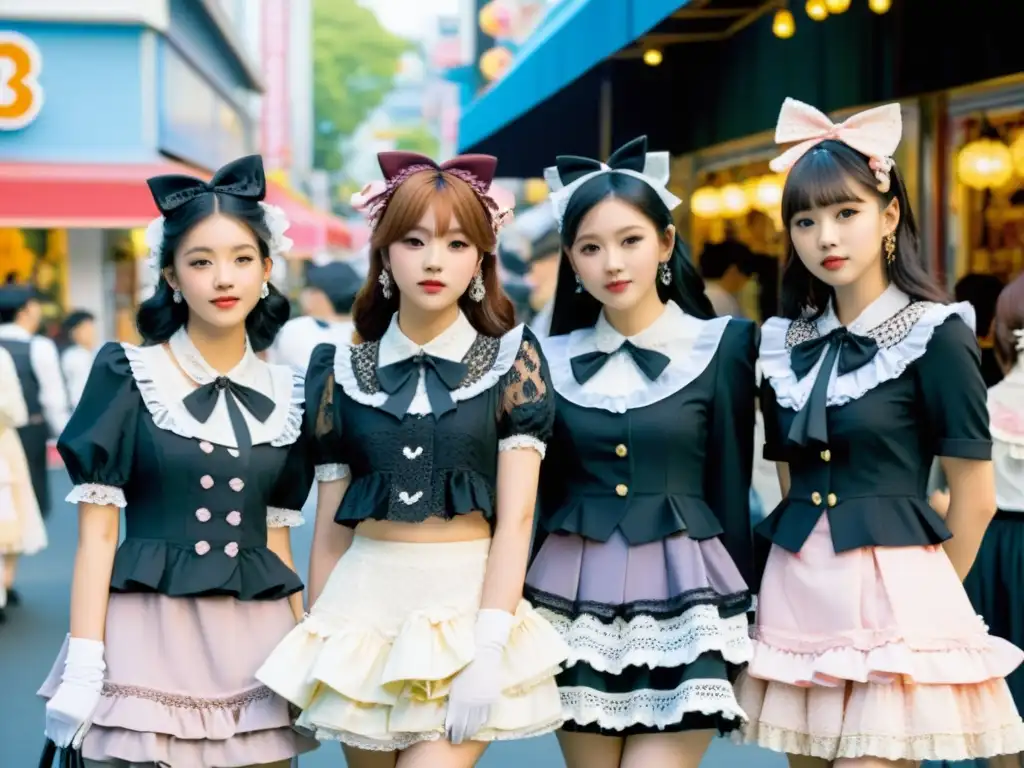 Grupo de jóvenes elegantes en moda Lolita, destacando en las bulliciosas calles de Harajuku