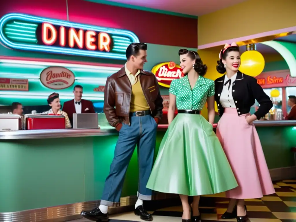 Un grupo de jóvenes con estilo de los años 50 posa frente a un diner vintage