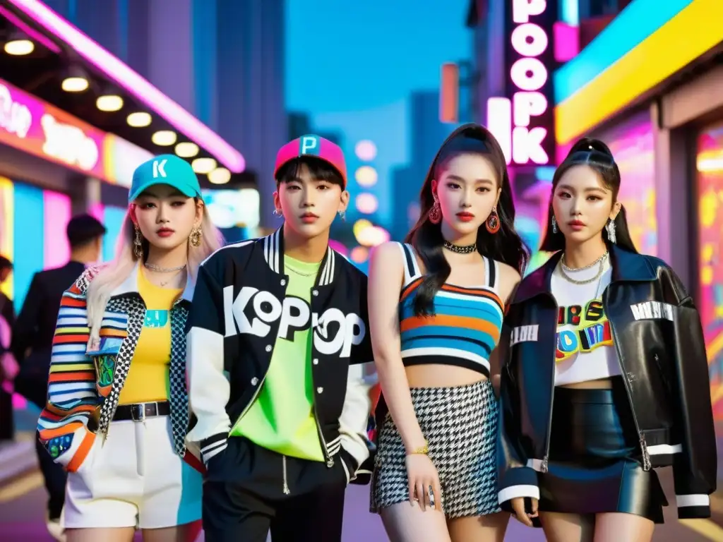 Un grupo de jóvenes con estilo viste moda inspirada en KPop en una bulliciosa ciudad, reflejando el impacto del KPop en moda juvenil