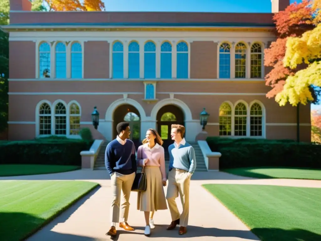 Grupo de jóvenes con estilo preppy en un campus universitario, evocando el impacto cultural del estilo preppy en los 80