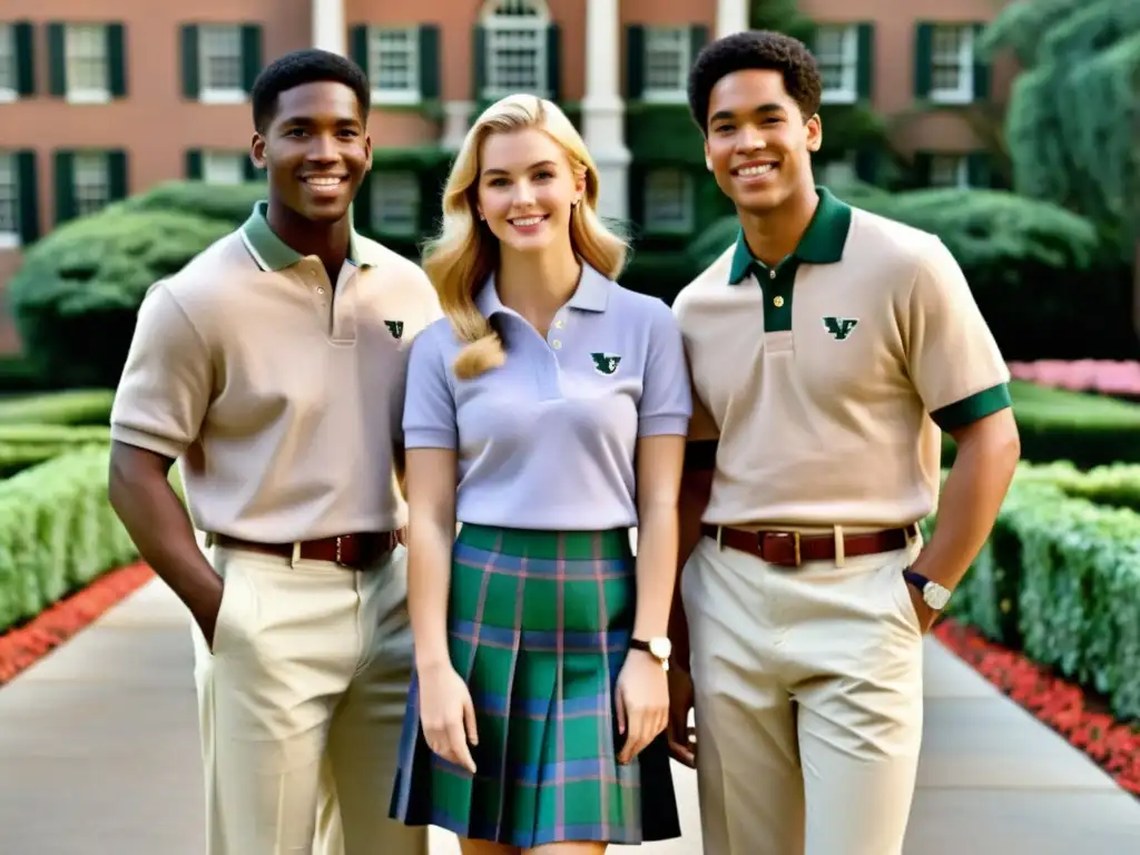 Grupo de jóvenes con estilo preppy de los 80, frente a una universidad Ivy League, reflejando el impacto cultural del estilo preppy en los 80