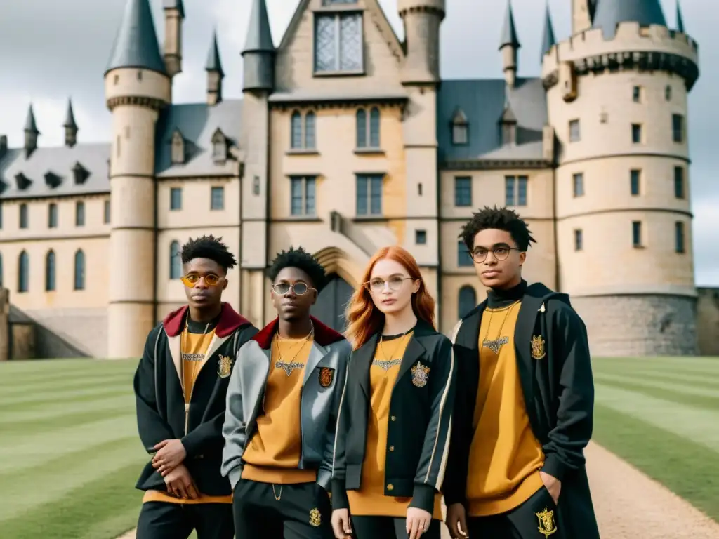 Un grupo de jóvenes con estilo urbano frente a un castillo gótico, fusionando moda contemporánea con detalles inspirados en Harry Potter