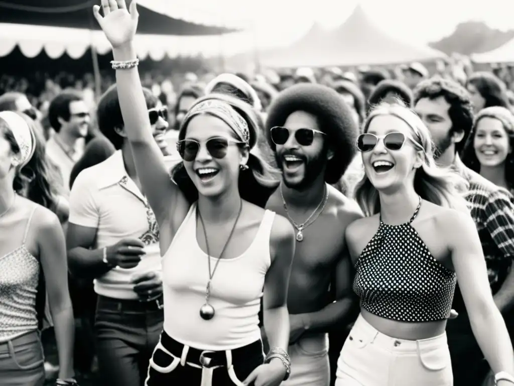 Grupo de jóvenes disfrutando en un festival de música de los años 70, exudando libertad y expresión de belleza en la moda de la época