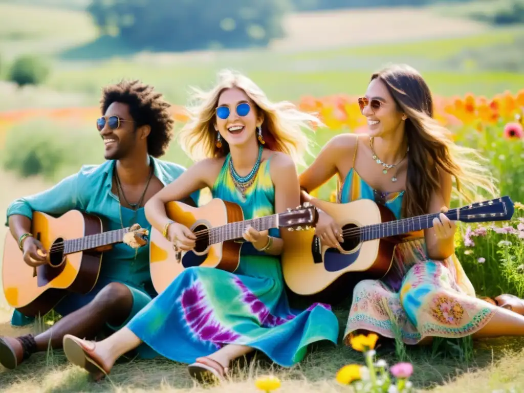 Un grupo de jóvenes hippies con estilo disfrutan de un campo bañado por el sol, rodeados de flores silvestres, vistiendo ropa de lujo hippie