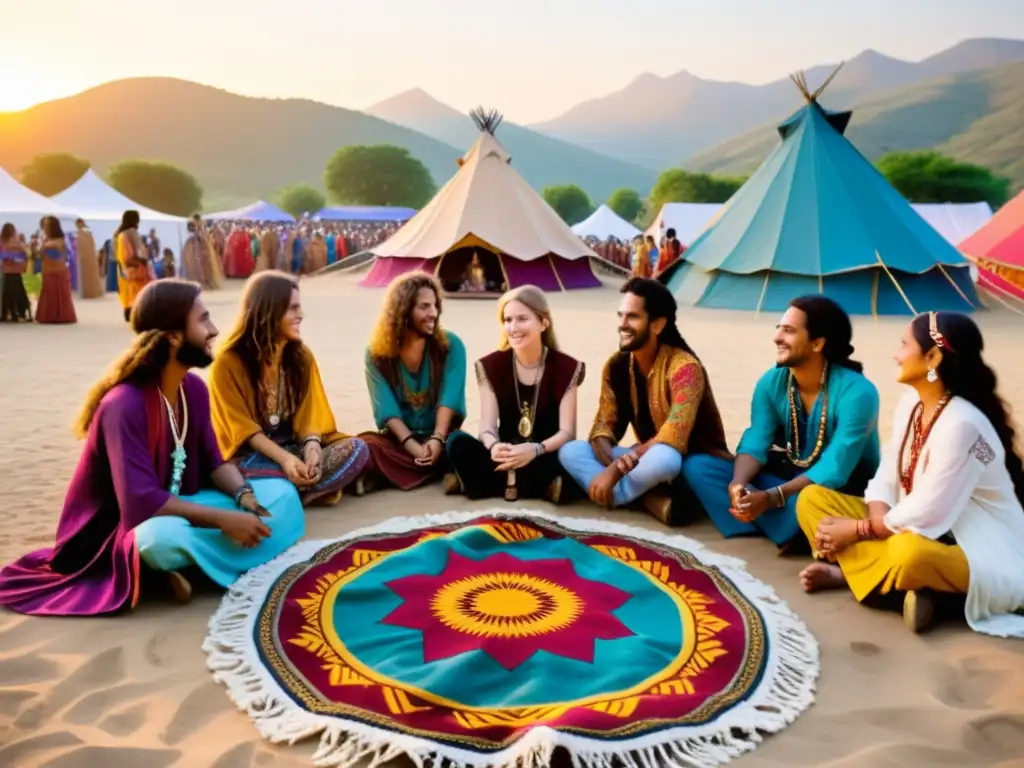 Jóvenes hippies celebran con música y moda étnica en festival Grupo de jóvenes hippies en un festival de música, vistiendo moda étnica