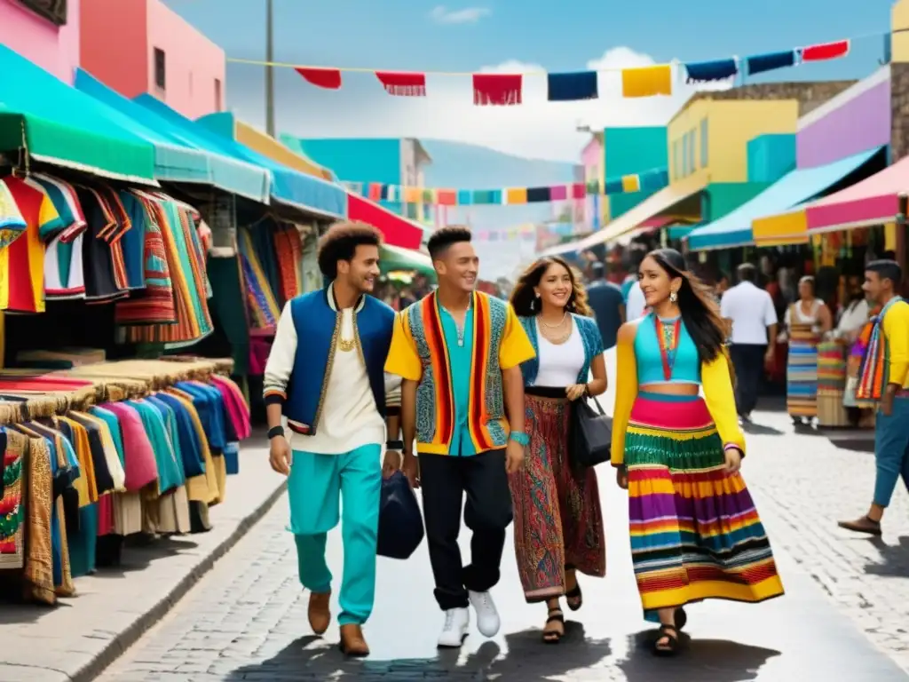 Grupo de jóvenes muestra el impacto cultural de la moda en una bulliciosa calle latinoamericana