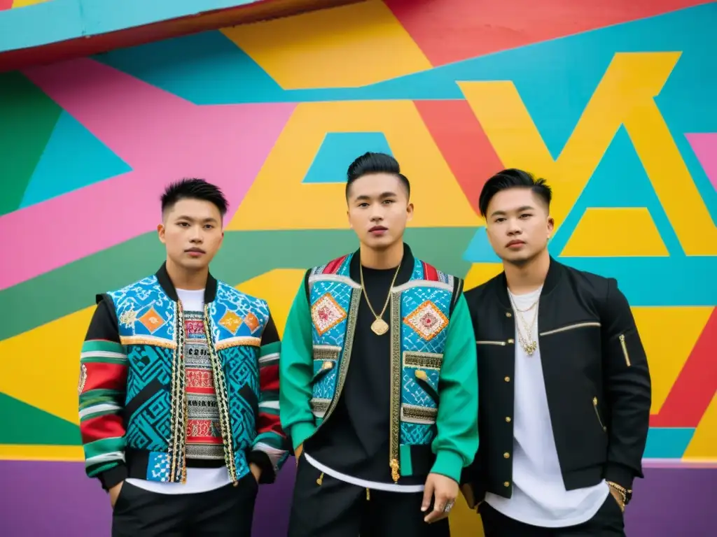 Un grupo de jóvenes Hmong combinan la indumentaria asiática contemporánea Hmong modernos con motivos tradicionales en una vibrante obra de arte urbano