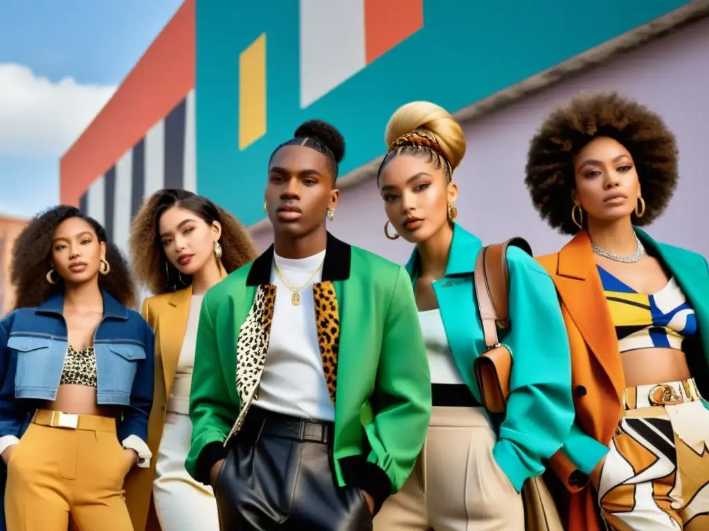 Un grupo de jóvenes influencers de moda se reúnen en un entorno urbano, mostrando diversidad cultural y expresión individual