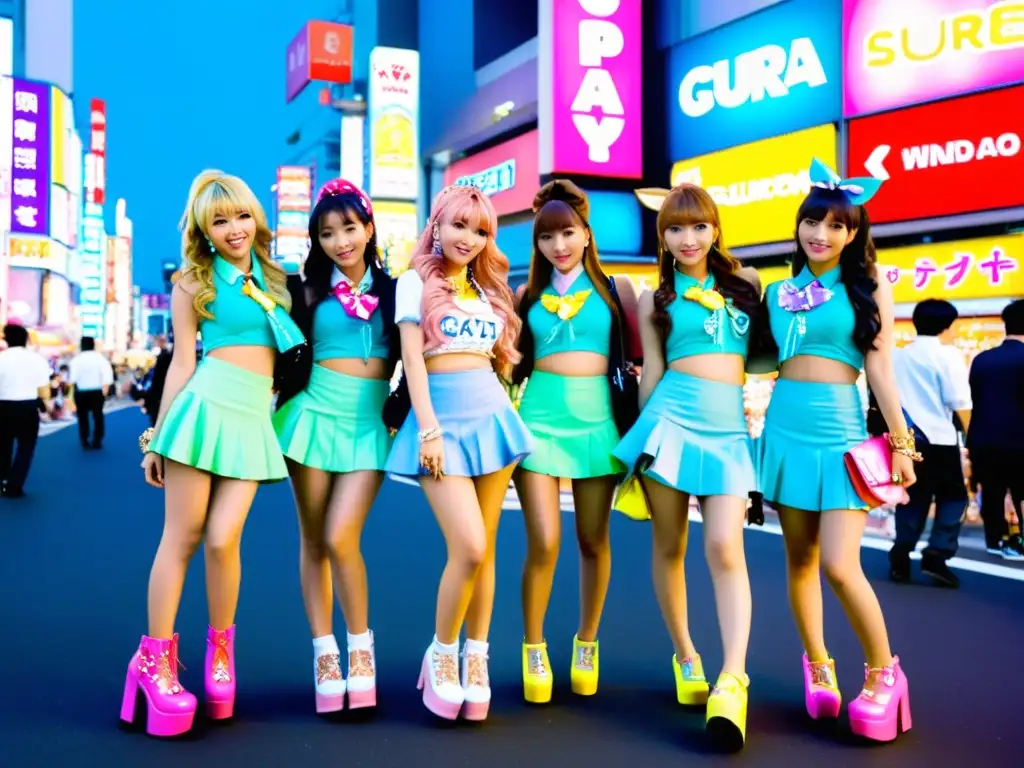 Un grupo de jóvenes japonesas vistiendo moda gyaru en una bulliciosa calle de Harajuku, reflejando la influencia de las subculturas japonesas en la moda global