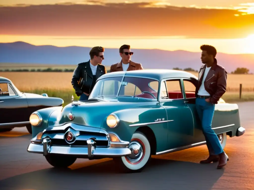 Grupo de jóvenes en moda de los años 50 junto a un auto vintage, reflejando la revolución moda juvenil Rebelde Sin Causa