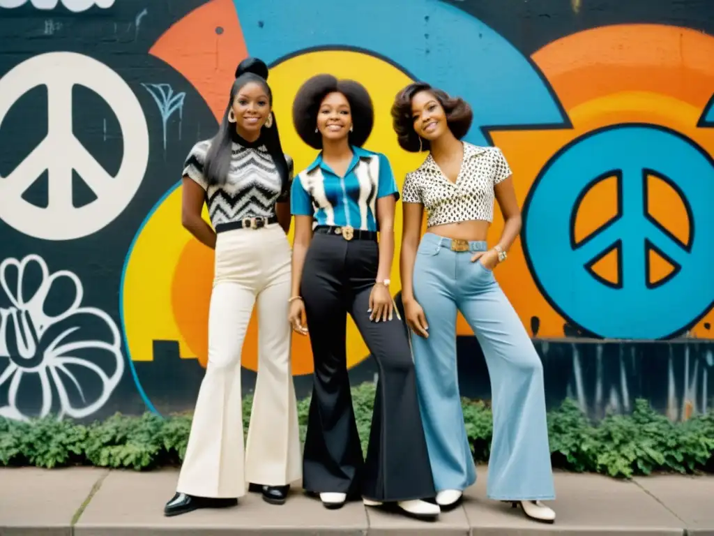 Un grupo de jóvenes vistiendo moda de los años 60 y 70, posando frente a un muro graffiteado con símbolos de paz y amor