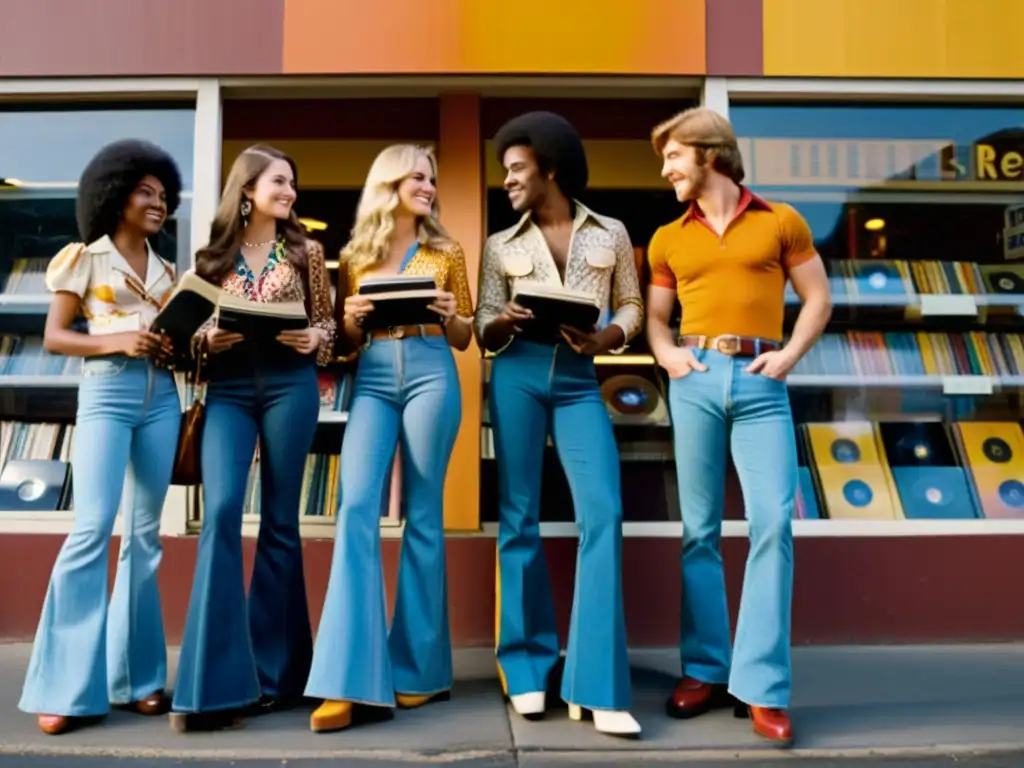 Un grupo de jóvenes viste moda de los años 70, disfrutando en una tienda de discos vintage al atardecer