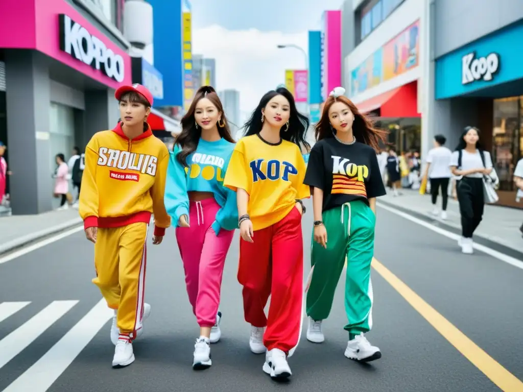 Un grupo de jóvenes a la moda pasea por una bulliciosa calle de la ciudad, luciendo atuendos vibrantes y eclécticos inspirados en el KPop