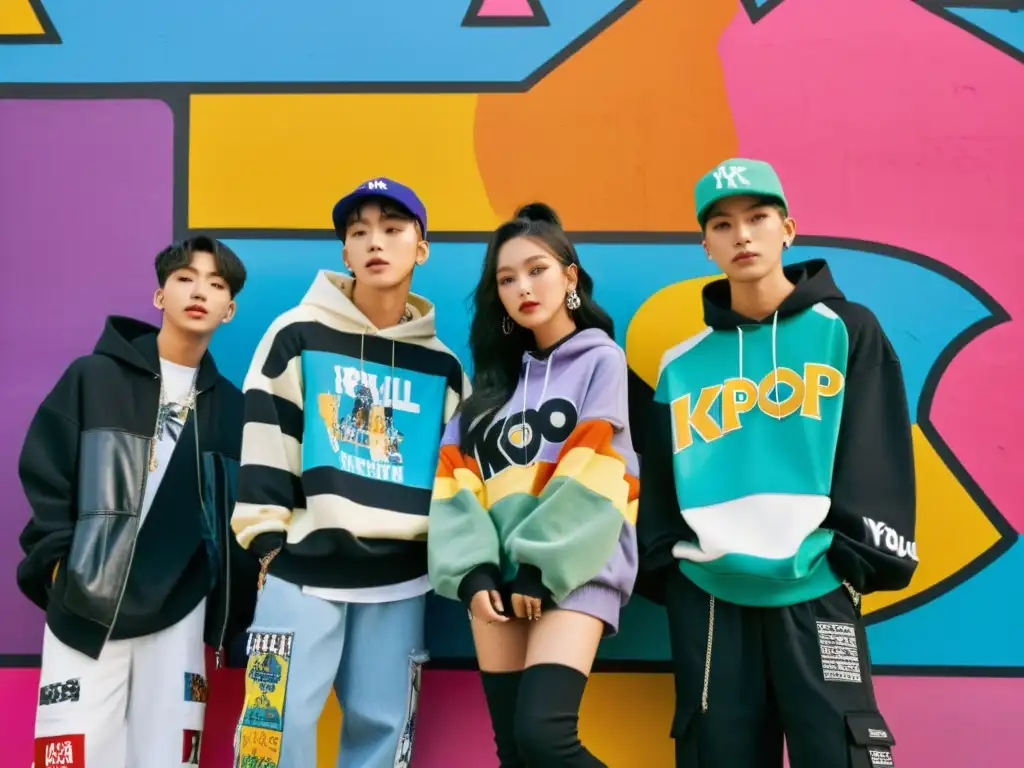 Grupo de jóvenes con moda KPop frente a grafitis en la ciudad, reflejando el impacto cultural de la moda KPop en la expresión juvenil urbana